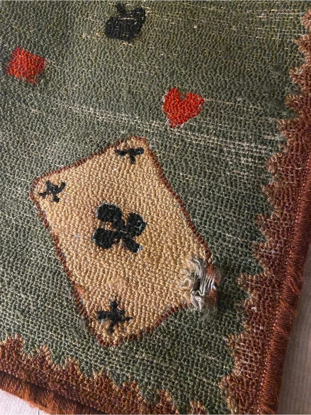 VTG Textured Wool w/Green and Brown Hooked Playing Cards Design 25 x 27”